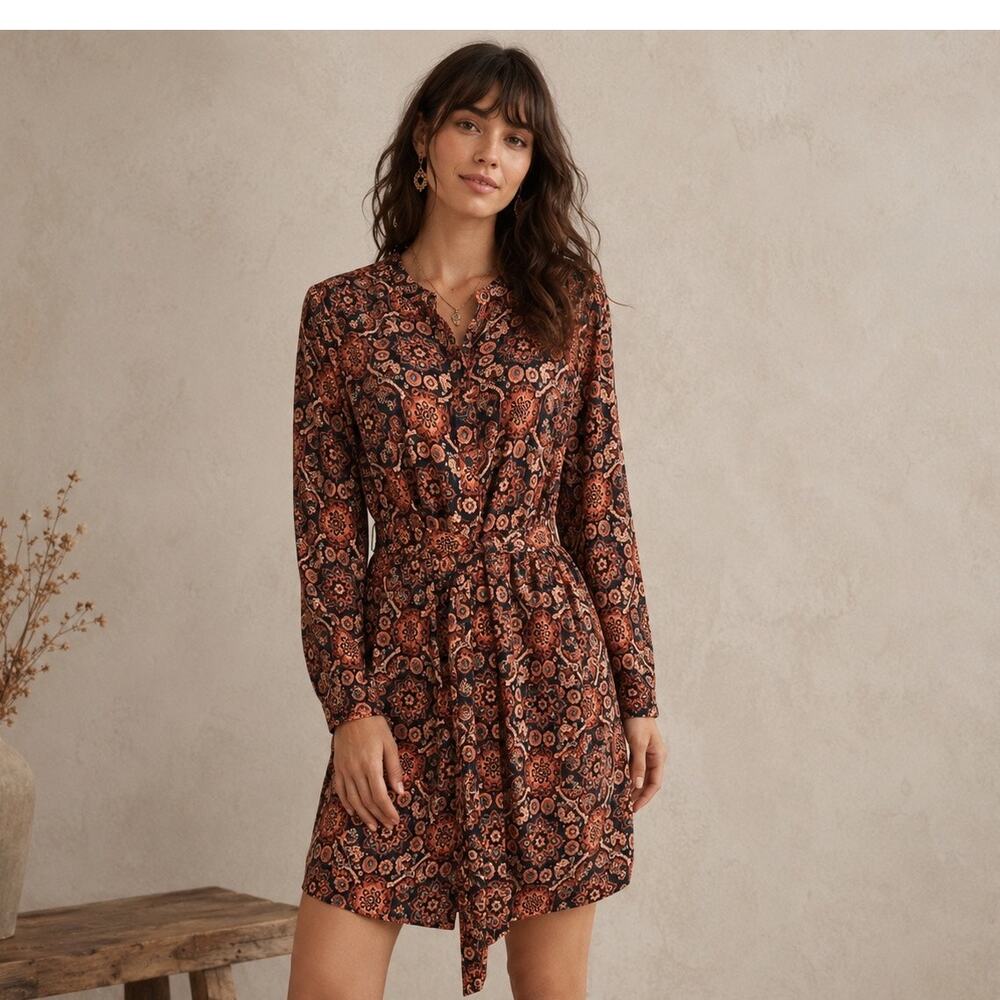 LOFT Outlet Petite Floral Shirt Dress Orange Blue Belted Size 6P